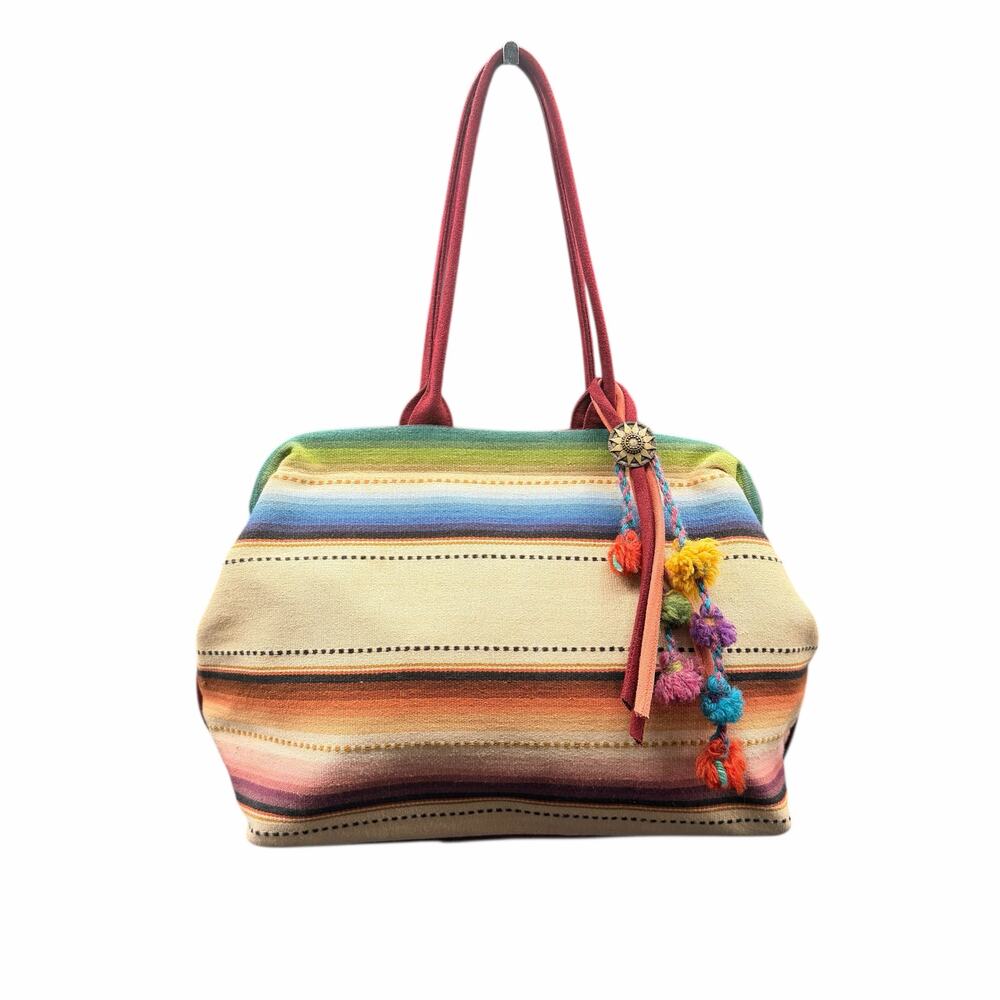 Atenti USA Made Southwestern Stripe Tote Bag Boho Canvas Suede Pom Pom